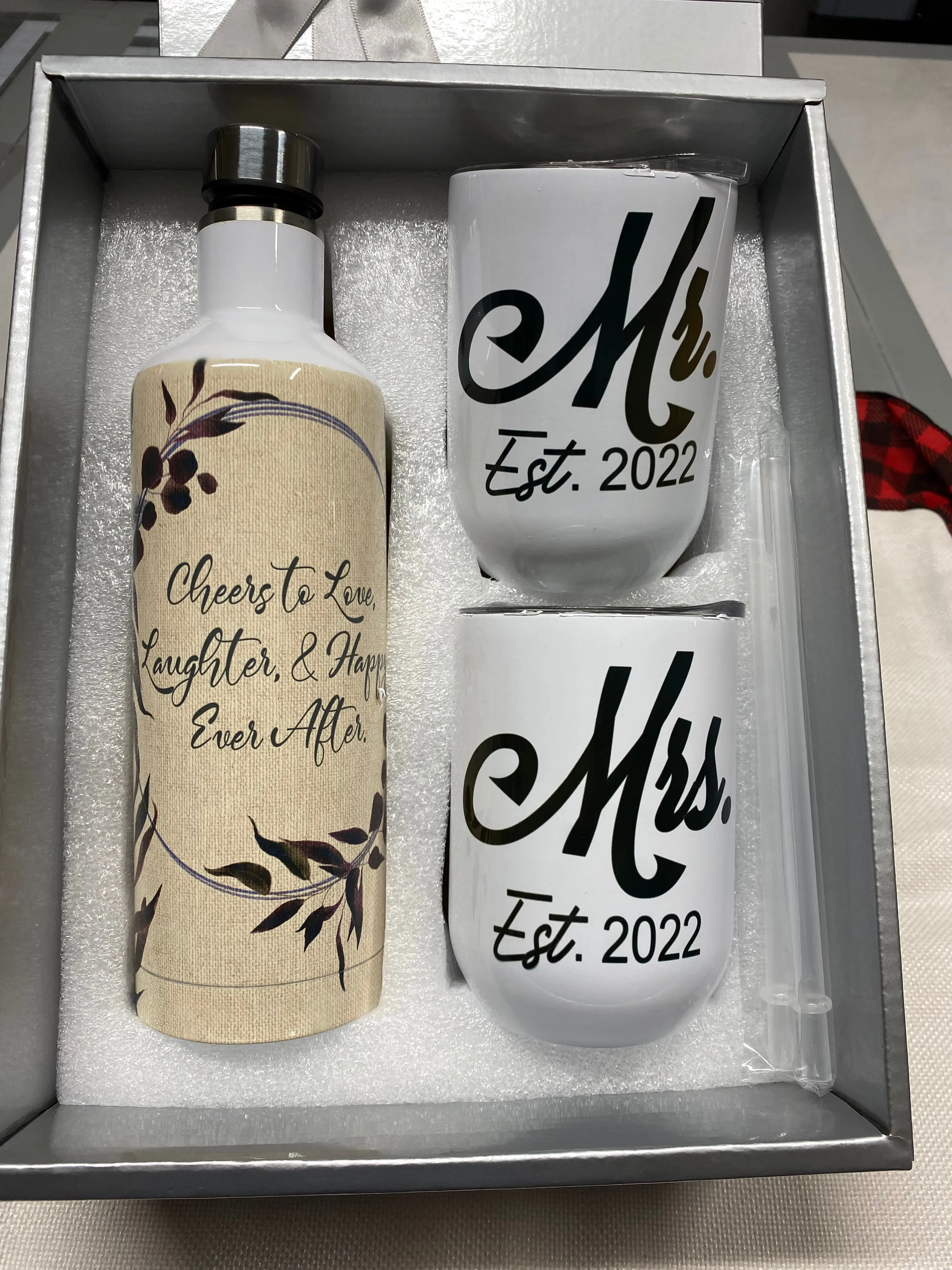 Mr. & Mrs. Est. 2022 3 Piece Wine Tumbler Gift Set with Bottle, Cask & Case - Includes Water Bottles, Portable & Insulated