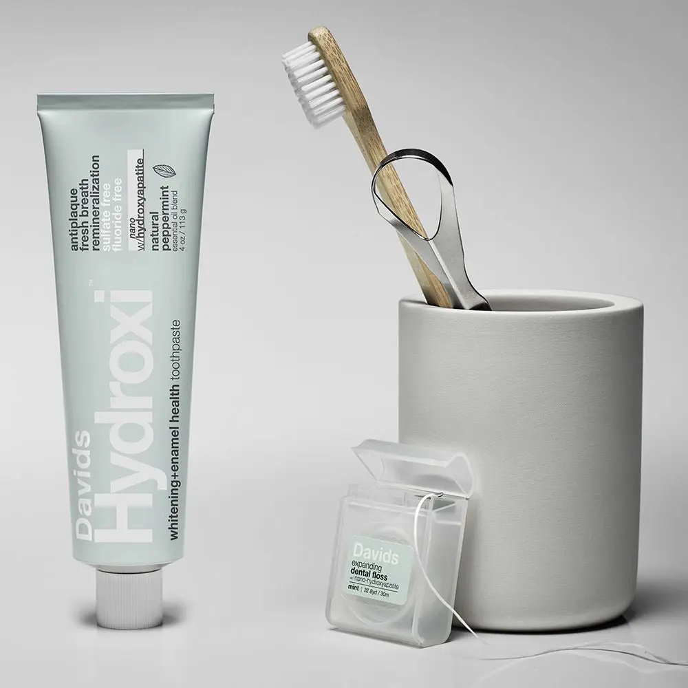 Davids Essentials Gentle Whitening Dental Kit - Fluoride-Free Hydroxyapatite Peppermint Toothpaste, Plant-Based Expanding Floss, Stainless Steel Tongue Scraper, Vegan Toothbrush - Daily Oral Care Bundle for Enamel Health, Breath Freshness
