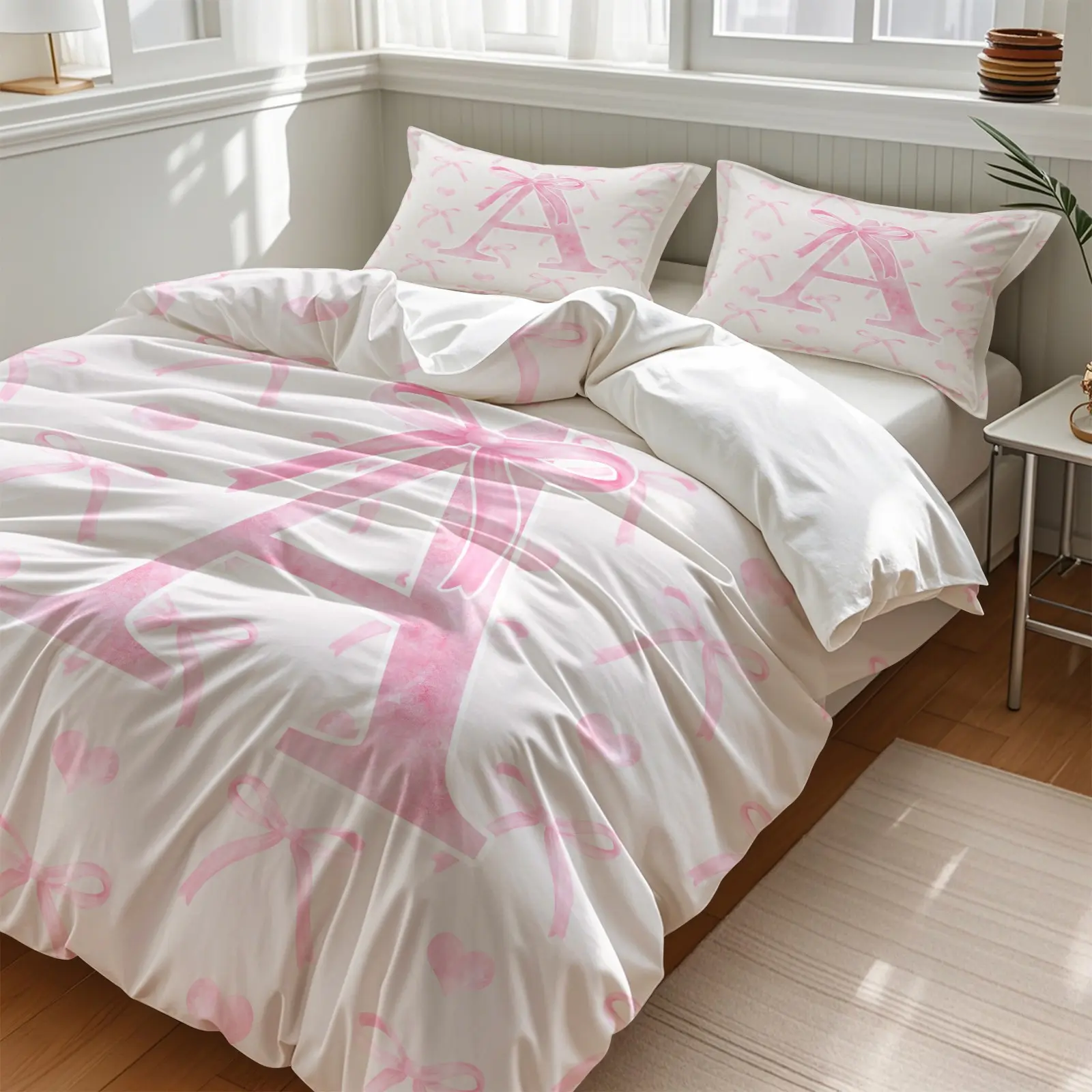 Princess Style Printed Comforter Set, Including Comforter Set and 1/2 Coreless Pillowcase, Three-Dimensional Letters Pink Bow and Love Bedding Set, Soft and Comfortable, Suitable For All Seasons Princess Style Printed Comforter Set, Including Comforter Set and 1/2 Coreless Pillowcase, Three-Dimensional Letters Pink Bow and Love Bedding Set, Soft and Comfortable, Suitable For All Seasons