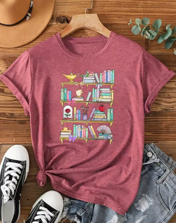 Book Shelf Magical Whimsical Library Print Dark Heather Crew Neck Casual Short Sleeve Book Lover Teacher Graphic T-Shirt