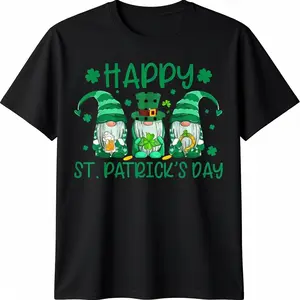 Three Gnomes Holding Shamrock Leopard Plaid St Patrick's Day T-Shirt