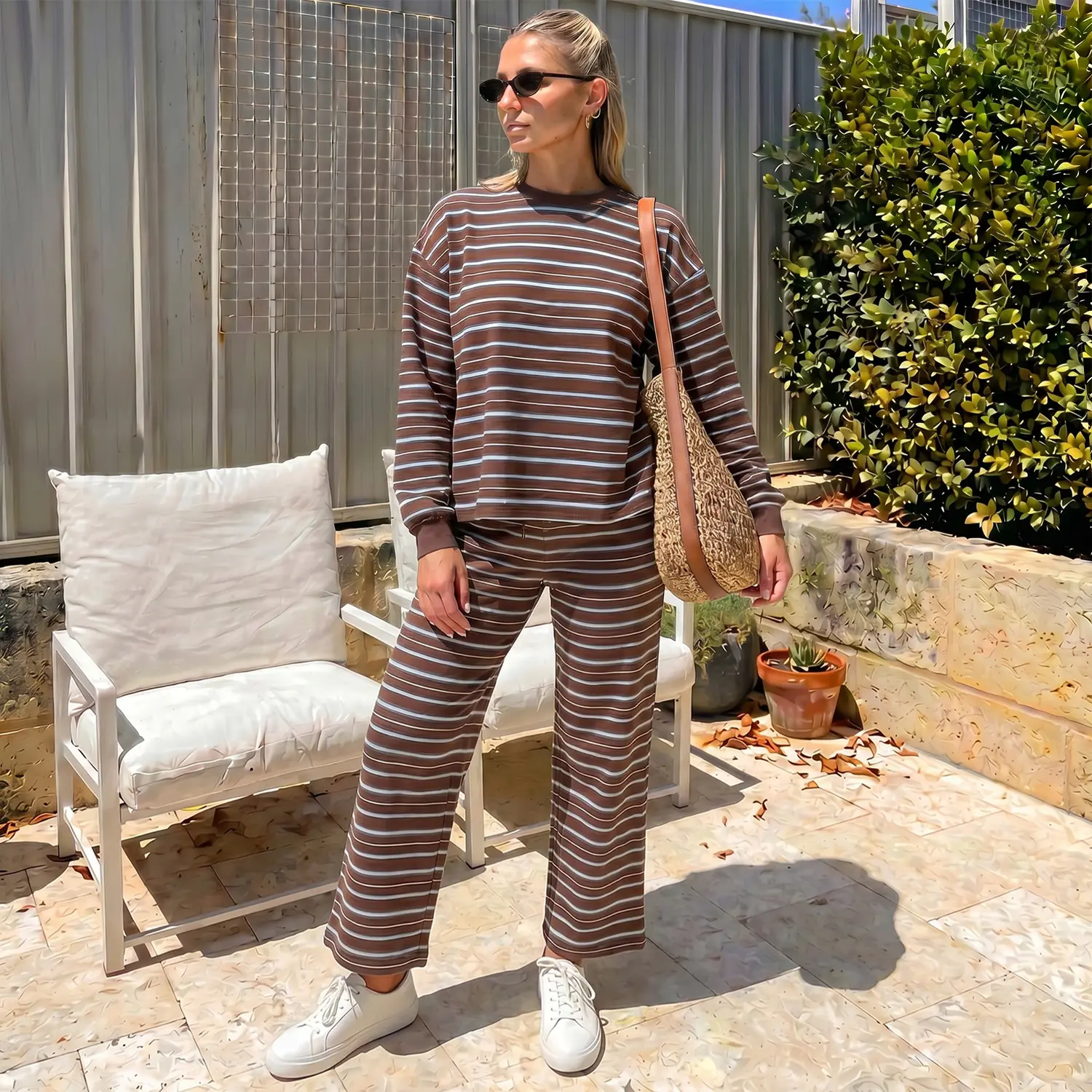 Chicovar Women's Striped 2 Piece Lounge Set Casual Long Sleeve Oversized Top and Wide Leg Pants Matching Outfit Soft Comfy Tracksuit with Pockets