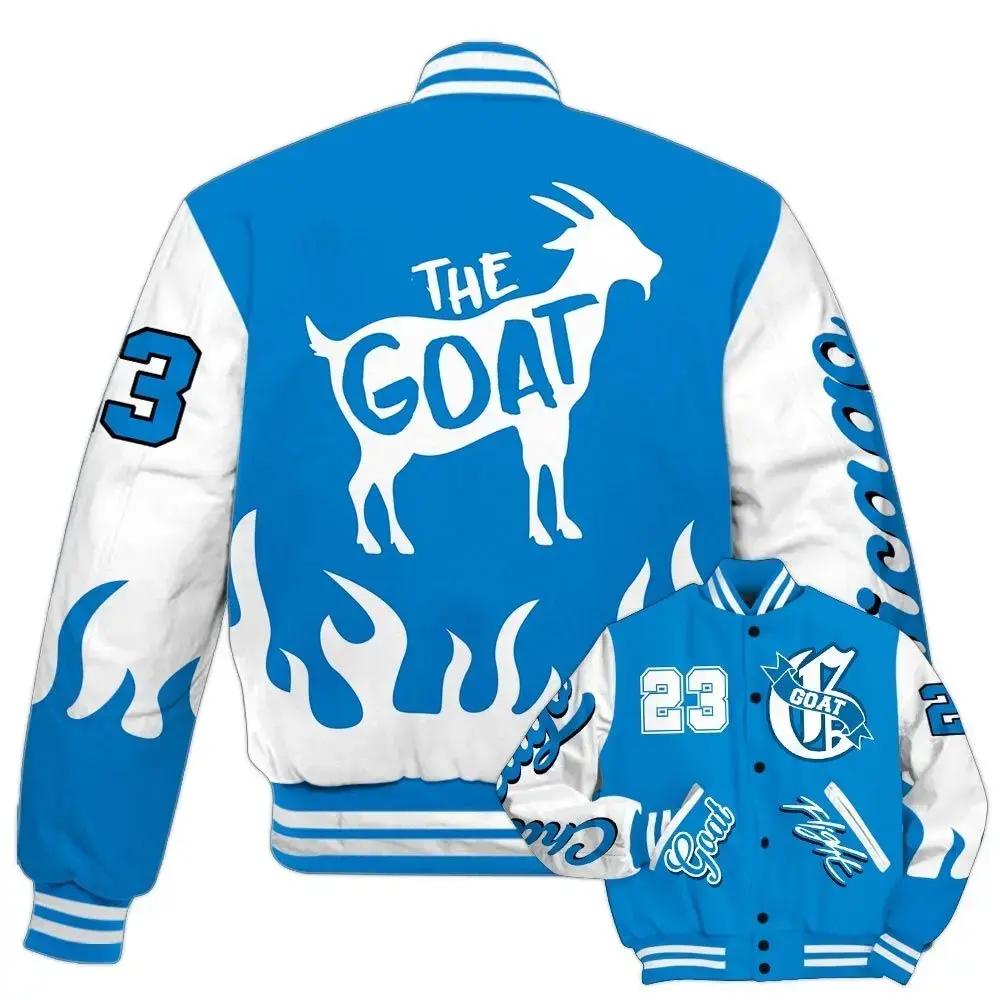 Dunkare Industrial Blue 4s Varsity Jacket, The G.O.A.T Flight Streetwear Baseball Varsity Jacket, Baseball Jacket for Men and Women, Varsity Sport Style
