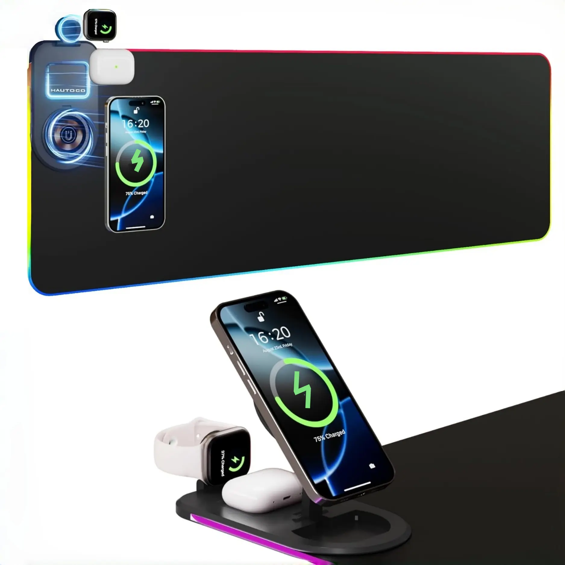 Forsargb Gaming Mouse Pad, Wireless Charging Desk Mat, Foldable Phone Stand, Large LED Gaming Mat (800x300x4mm), 15 Light Modes, Waterproof, Premium Multipurpose Mousepad, Gaming Mouse Pad With Charger