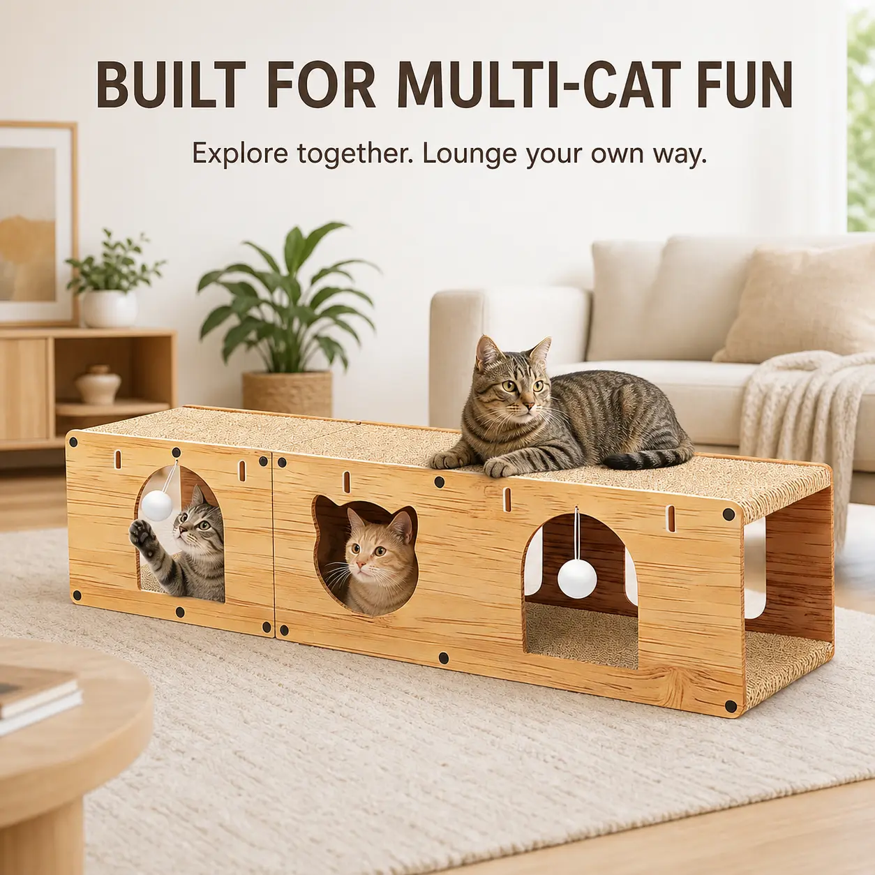 durable pet furniture Modular Cat Tunnel & Scratcher, 3-in-1 Wooden Cat Activity Center with Corrugated Scratch Pads, Peek-Through Windows and Hanging Toys, Connectable Indoor Cat Cave for Play, Hide and Lounge bed