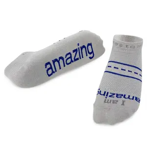 I am amazing® grey LITE-NOTES™ socks with blue words