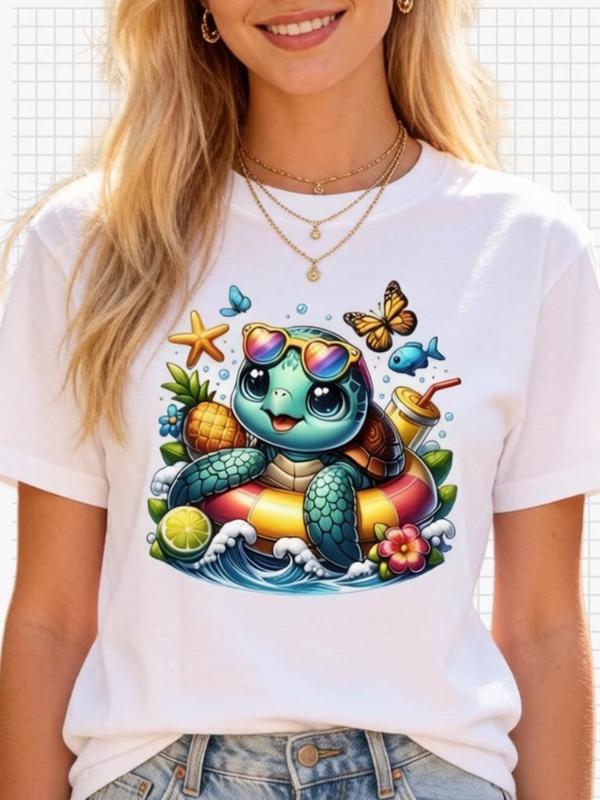 Women's Pure Cotton Short-Sleeve Oversized Loose-Fit Crew Neck Beach Turtle Graphic Print T-Shirt, Casual Summer Outdoor Streetwear Top, Perfect Valentine's Day Gift with Free Pretty Gift