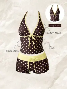 Women's Vintage Polka Dot Tankini Swimsuit Halter Neck Tie Front Two Piece Bathing Suit Full Coverage Swim Shorts Set Summer Beach Vacation Outfits