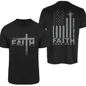 USA Flag Cross Faith Over Fear T-Shirt – Unisex Christian Patriotic, USA Flag Cross Gift for Believers, Tops Summer