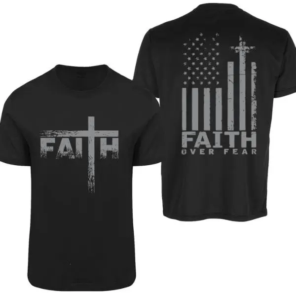 USA Flag Cross Faith Over Fear T-Shirt – Unisex Christian Patriotic, USA Flag Cross Gift for Believers, Tops Summer