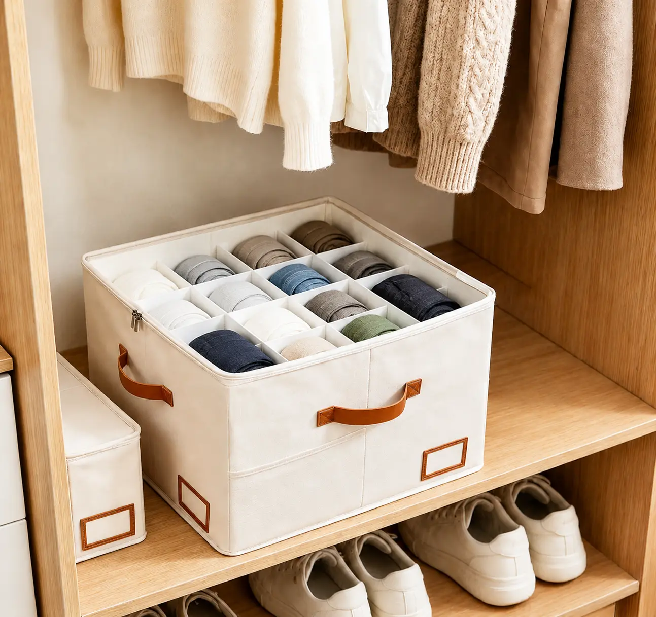 Foldable fabric garment and shoe storage box with compartments, large-capacity divided drawer storage box with a zipper cover and leather handle, shoe cabinet storage box, shoe rack