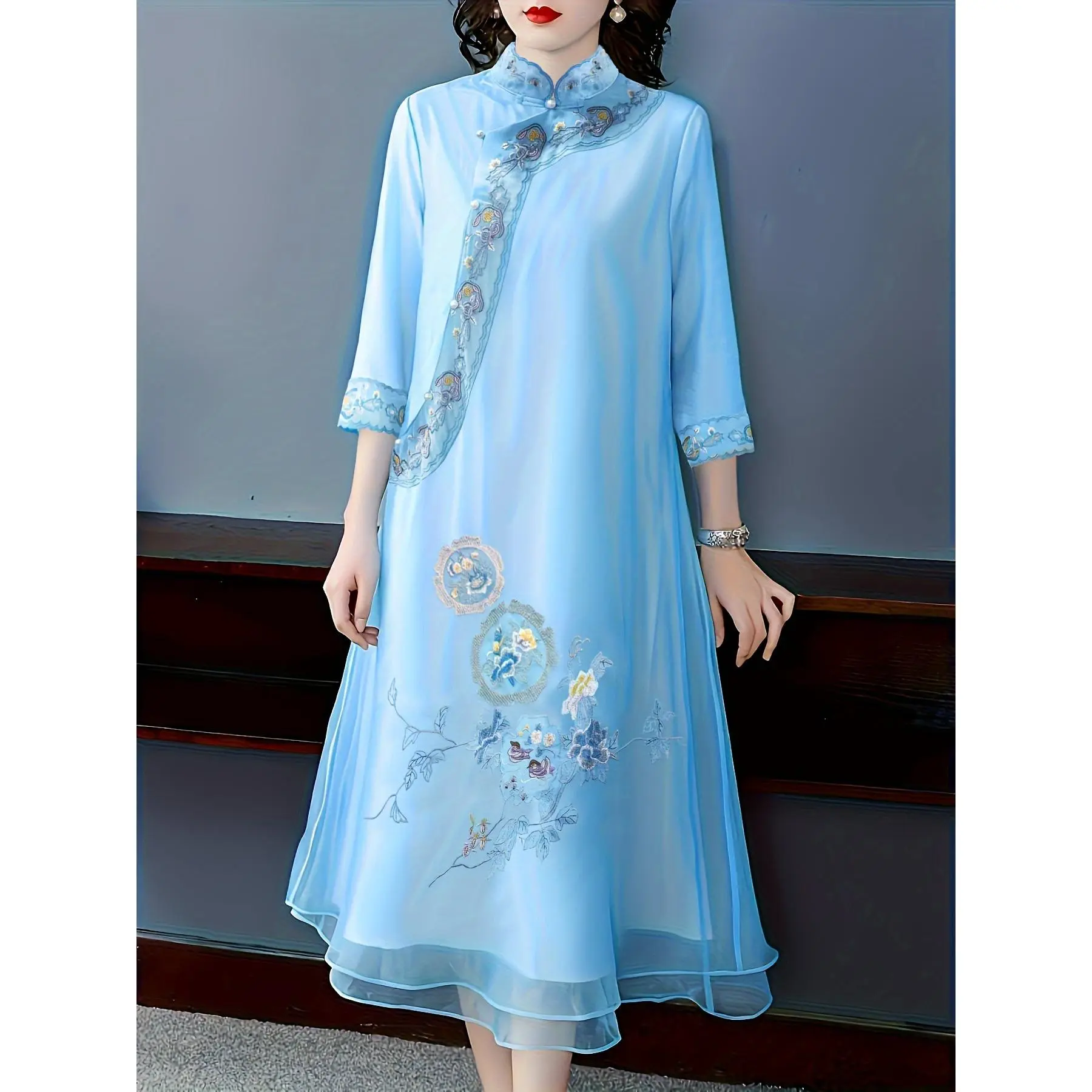 Chinese Vintage Cheongsam, Embroidery Half Sleeve Frog Button Mandarin Collar Dress, Women's Clothing