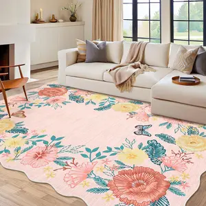 GARVEE Washable 9x12 Area Rug with Scalloped Edges, Soft Floral Design, Non-Slip, Stain Resistant Carpet for Living Room, Bedroom, Dining Room, Home Office, Dorm - Pink Botanical Pattern