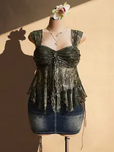 Tina  Plus Size Women's Asymmetrical Plain See-Through Mesh Hem Camisole Tank Top, Rave Top, See Through Top, Suitable For Summer Vacation, Graduation Season, Back To School, Y2K Style, Going Out Tops