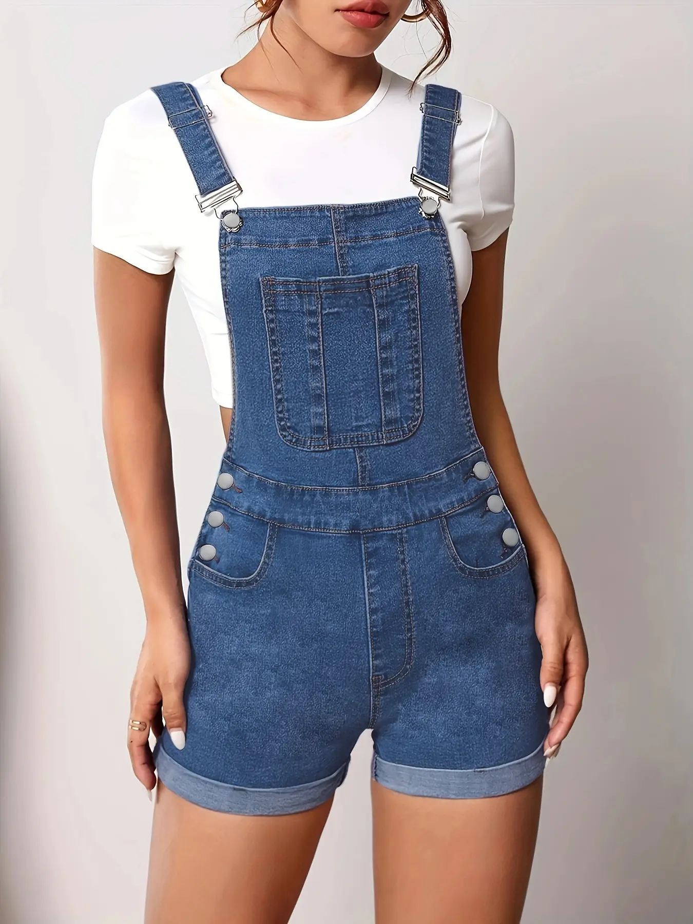 [US Shipping] Women's Slim Strappy Sleeveless Denim Overalls Shorts - Above the Knee, Practical Pockets, Jumpsuit-Style Straps, Fit Trending Everyday & Casual Wear, Elevated Casual