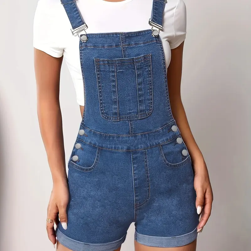 [US Shipping] Women's Slim-Fit Sleeveless Jumpsuit Overalls Shorts - Slim Straps, Above the Knee, Pocket Design, Resort Wear, Casual Daily Wear, Sizes M, XL