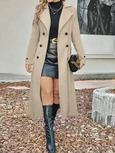 Women's Solid Color Lapel Long Sleeve Casual Fashion Woolen Coat, Fall Winter Long Line Double Buttoned Overcoat, Ladies Outerwear??gift??Gift