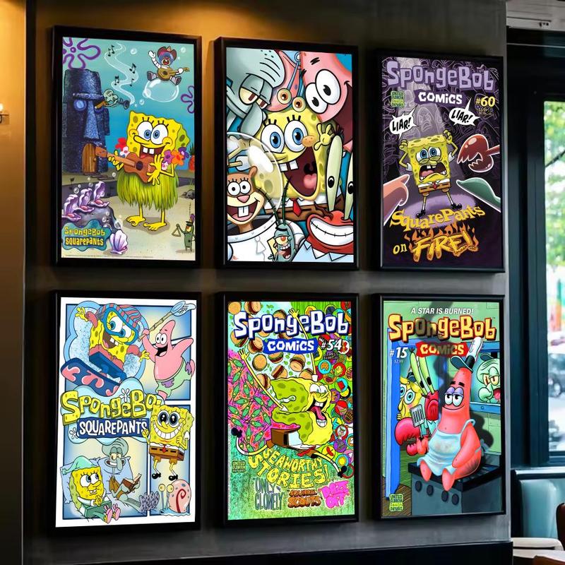 Animated Cartoon S-Sponge-Bob Poster Sticky Wall Art Printing Waterproof Modern Aesthetic Home Living Bedroom Decor Trendy Room Decoration Gift Durable High Quality