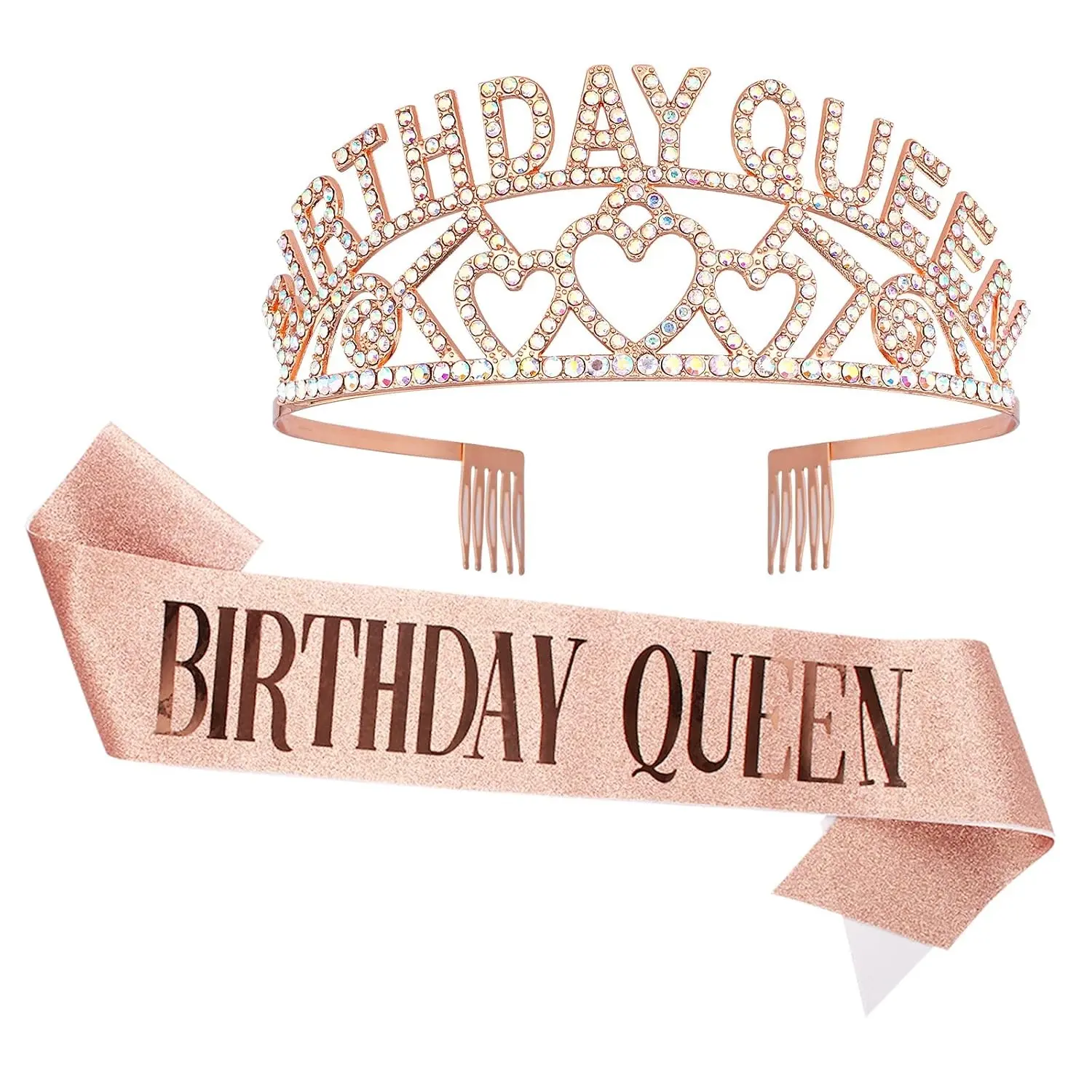 Rose Gold Birthday Queen AB Rhinestone Tiara and Sash - Birthday Party Favors Glitter Decorations for Women