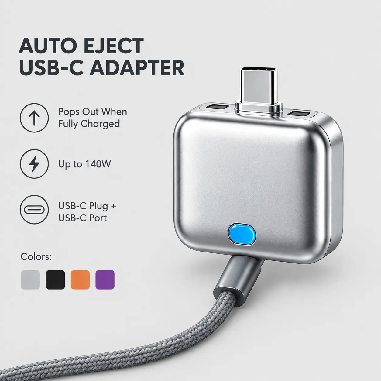 Quriov Auto Eject USB-C Charging Adapter, 140W Fast Charge Battery Protector with Auto Power-Off for iPhone 18 Pro Max/17/16/15, iPad, Samsung Galaxy