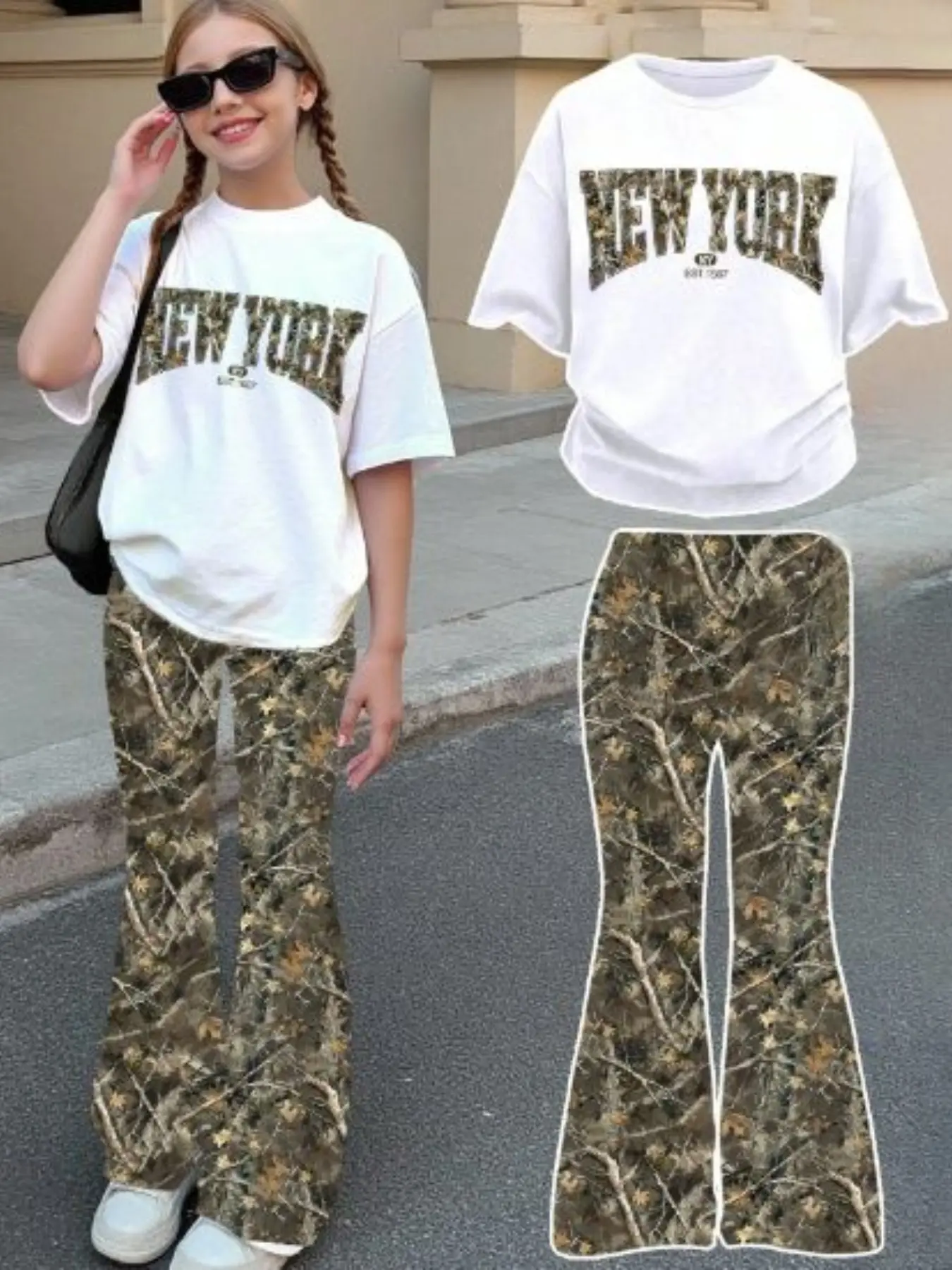 Teen Girls Casual Vintage Print T-Shirt & Pants Set Outfit, 2 Piece Sporty College Style, Fashion Streetwear, Loose Fit, Summer Wear