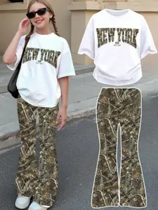 Teen Girls Casual Vintage Print T-Shirt & Pants Set, 2 Piece Sporty College Style, Fashion Streetwear, Loose Fit, Summer Wear
