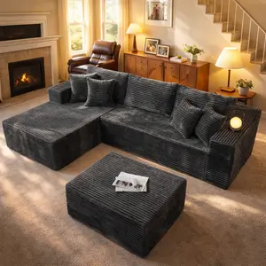 CAODOC 108'' Boneless Modular Sectional Cloud Couch with Ottoman, Deep Seat Corduroy Foam Sofa, L Shape Chaise, No Assembly Couch in a Box for Living Room Apartment