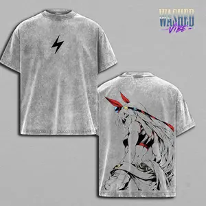 Tamamo Cross T-Shirt – Uma Musume Vintage Washed Oversized Graphic Tee, Double Printed Anime Streetwear, Heavyweight Cotton Unisex Top, White Lightning Design Shirt, Retro Racing Girl Aesthetic, Gift for Anime Fans