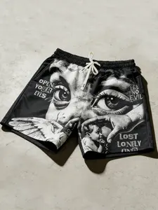 Y2K Style Shorts, Unisex Summer Pants, Angel Eyes Print Shorts Men 2026 New Arrival Short Clothing European-American Streetwear Fashion Trendy Shorts Bottoms Casual Beach Pants American Retro Vintage Graffiti Shorts Men, Casual Drawstring Shorts