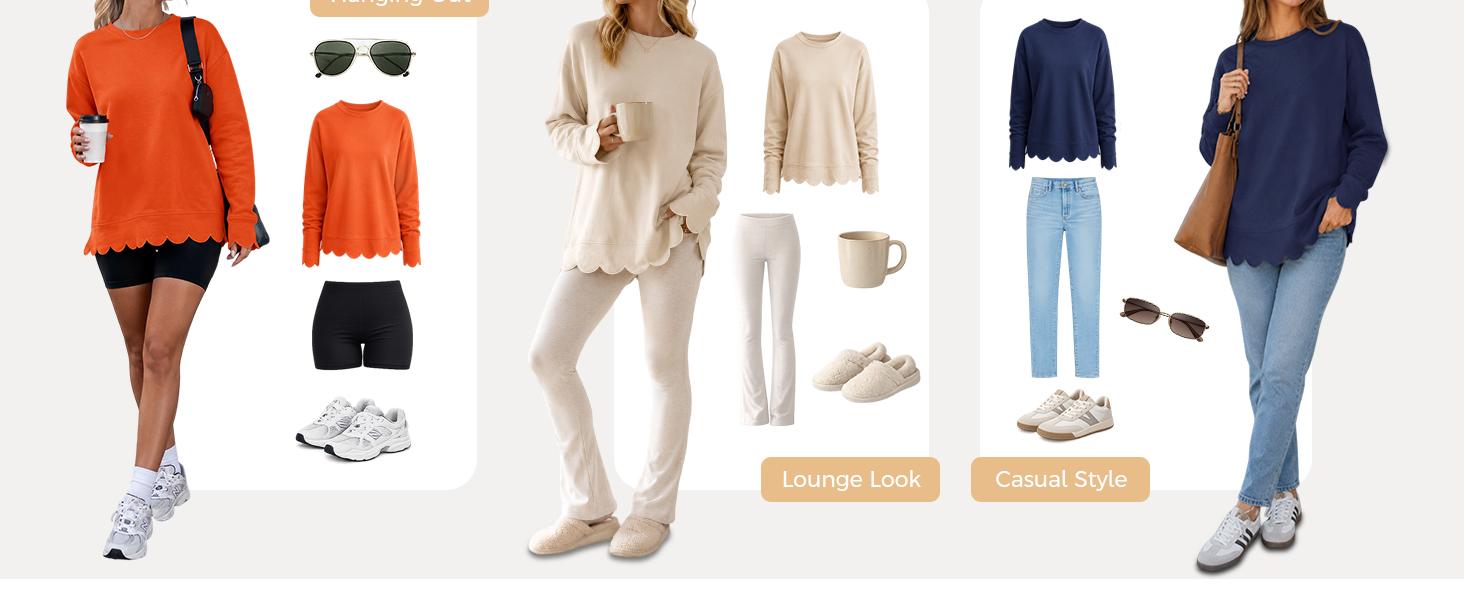 Fisoew Women's Fashion Casual Knit Light Vintage Heather Round Neck Oversized Tunic - Air-layer Fabric Sweatshirt, Long Sleeve, Wavy Scallop Hem & Cuff, Loose Fit Everyday Fall Layering Pullover Top