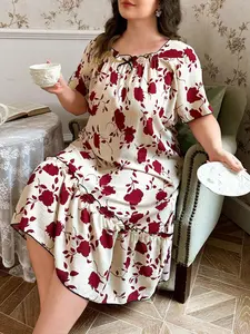 SlaySleep x CottageSlumber Plus Size Women's Contrast Trim Bow Decor Floral Allover Print Short Sleeve Nightgown, Moo Moo Bountiful Floral Splendor Cozy And Elegant Details