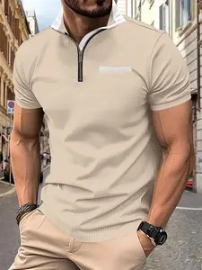 Men's Summer Casual Waffle Knit Colorblock Zipper Short Sleeve Polo Shirt, Comfortable Daily Wear, Stylish and Breathable