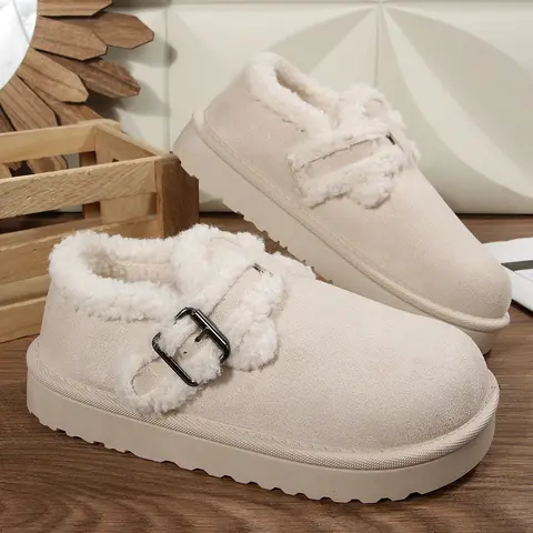 Women's Fleece-Lined Suede Mini Snow Booties Buckle Strap Design Comfortable Winter House Slipper Indoor Outdoor Shoes