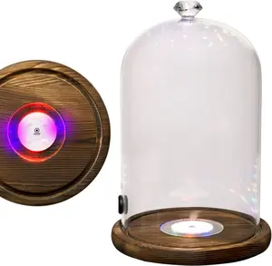 Smoking Infuser Accessory LED lights Glass Dome 9" x 5.7" Lid Wooden Base - Glass Smoke infuser Cover Lid for Cocktail Smoker - Dome for Cold Smoke, Smoking Cloche for Drinks