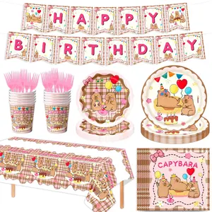 Capybara Party Tableware Set, Water Buffalo Animal Themed Paper Plates Napkins Tablecloth, Birthday Party Decorations, Party Supplies