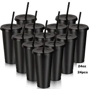 Bulk Pack of 24 Oz Reusable Black Plastic Cups with Lids and Straws for Cold & Hot Drinks Travel Mugs Party Favors Birthday Gifts for Adults 24 Sets