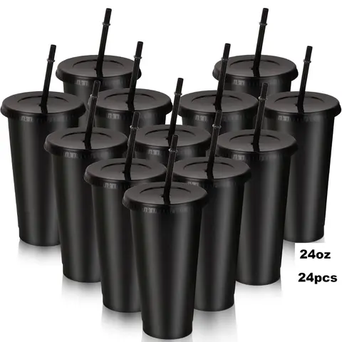 24pcs 24oz (710ml, 500-1000ml range) Crack-Resist Plastic Tumbler Set with Lids, Straws, Smooth Surface, Lightweight Portable Washable Cups for Cold/Hot Drinks, Black Aesthetic Home & Party Supplies, Party Favors for Trips