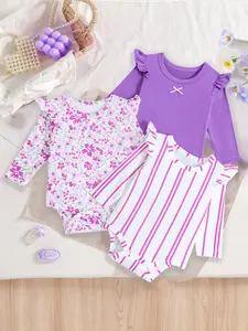 3-piece girls' fresh purple flying sleeve long sleeved bag fart jacket set, Baby clothing, multi print (solid color/floral), soft and skin friendly fabric suitable for 0-3 months babies, daily base/home leisure/outdoor walking, suitable for a week