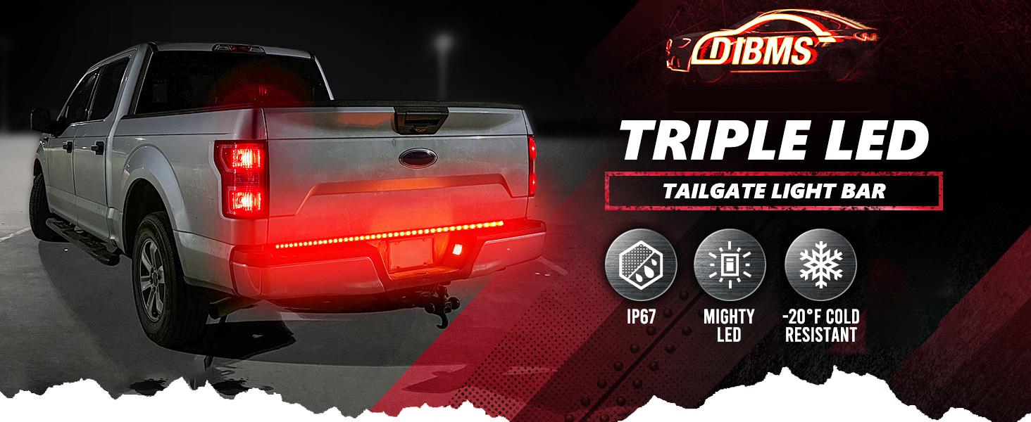 DIBMS 60 Inch Triple Row LED Tailgate Light Bar, Waterproof, 12V DC, Full Function Brake, Reverse, Amber Turn Signal, Universal Fit for Pickup, Trailer, SUV, RV, Van,Triple Row LED Work Light Strips, Triple Row Universal LED Tailgate Light Bar