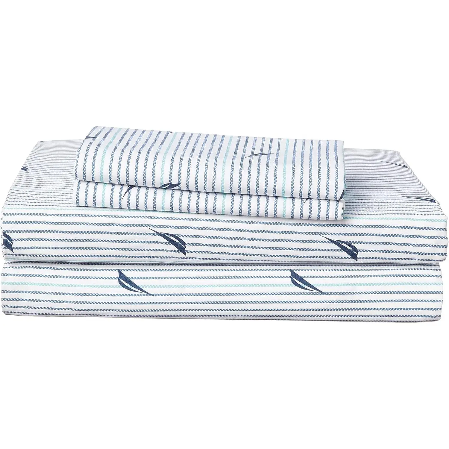 Nautica Audley Stripe Blue Queen Sheets Cotton Percale Bedding Set for Casual Home Decor Modern Coastal Design