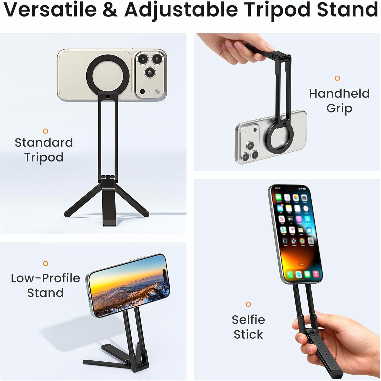 Magnetic Foldable Phone Tripod, Portable Adjustable Stand for iPhone MagSafe, Desk Travel Selfie Live Stream Holder