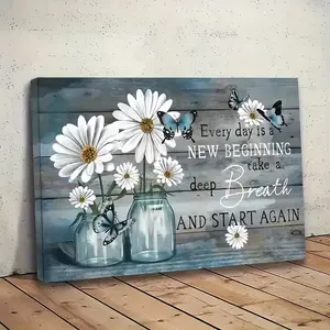 1 Piece RUIZUSTO Framed Daisy and Plant Canvas Wall Art with Turquoise Blue Wooden Background - White Daisy, Mason Painting, Inspirational "New Start" Quote - Country Farmhouse Decor, Suitable for Bedroom, Living Room