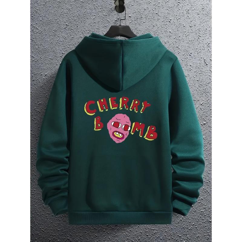 Men's Y2K 2000s Cherry Bomb Graphic Hooded Jacket Bold Red Yellow Lettering Zip Up Polyester Streetwear Fall Outfits Vacation Party Everyday Casual Durable Stylish Gift