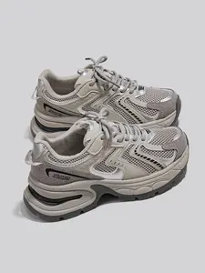 New Thick Sole Dad Shoes Fashion Casual Sporty Women's Athletic Sneaker Footwear Lightweight Athletic Sneakers Breathable Height Increasing Sneakers, Round Toe Mesh PU Leather Low Top All Seasons Lace Up Sneaker