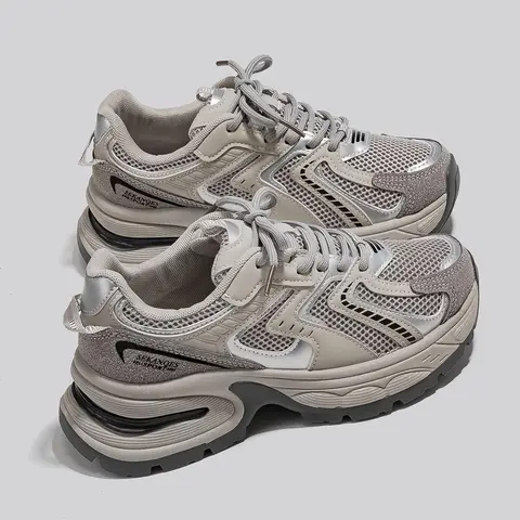 New Thick Sole Dad Shoes Casual Sporty Women's Athletic Trainers Sneaker Lightweight Breathable Height Increasing Sneakers, Fashion Sneaker, Round Toe Mesh PU Leather Low Top All Seasons Lace Up Sneaker