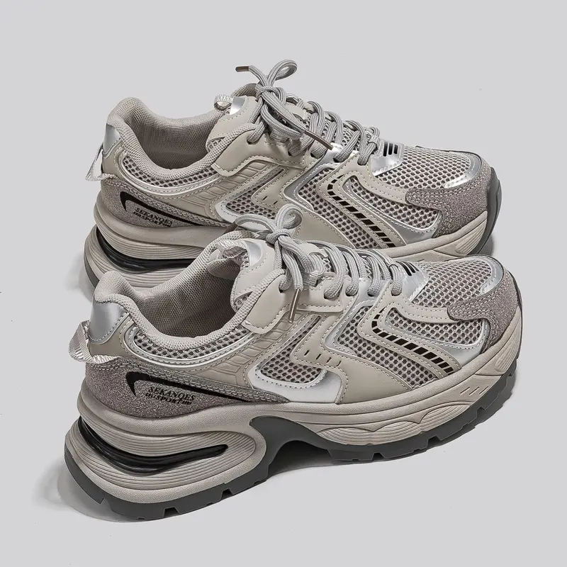 New Thick Sole Dad Shoes Casual Sporty Women's Athletic Trainers Sneaker Lightweight Breathable Height Increasing Sneakers, Fashion Sneaker, Round Toe Mesh PU Leather Low Top All Seasons Lace Up Sneaker