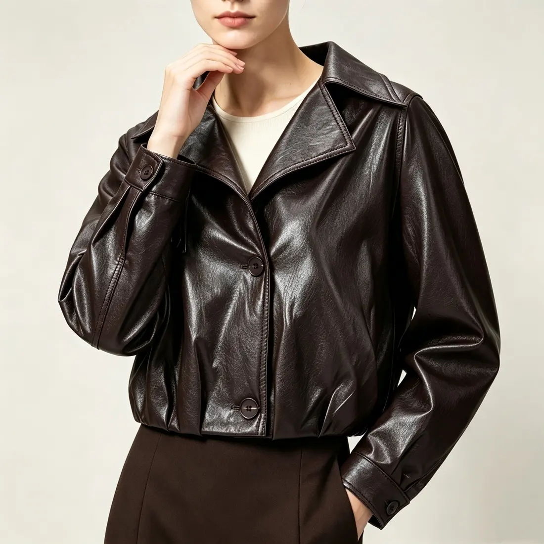 Women’s PU leather cropped jacket with turn-down collar and ruched design, spring/autumn outerwear, casual top
