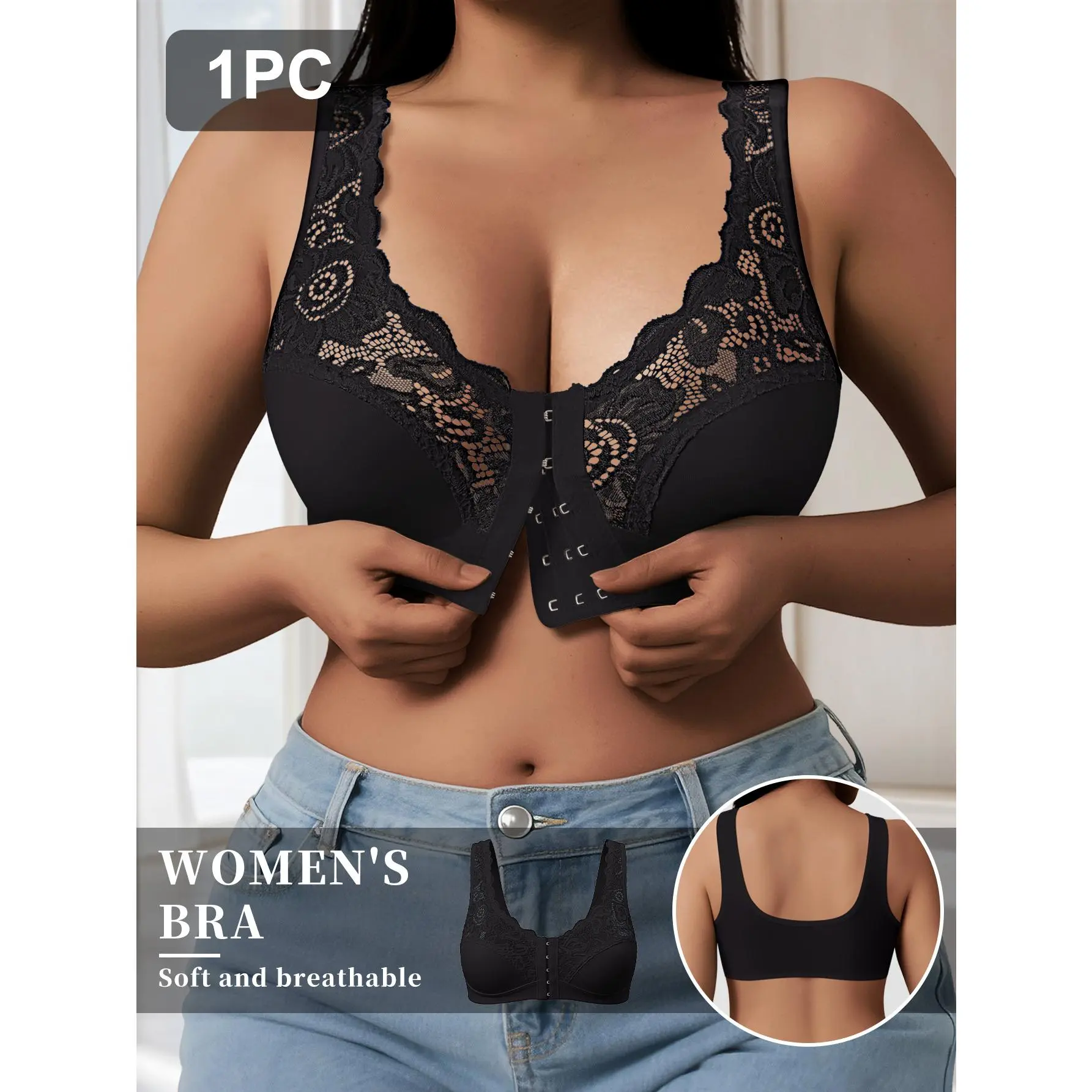 QUASTI Women's Essential Front Hook Wireless Lace Bra - Polyester, Feminine Aesthetic, Adjustable Light Support, Full Coverage, Easy On/Off, Breathable, Comfortable, Sporty Fit for Daily Wear/Sports, S-XXL