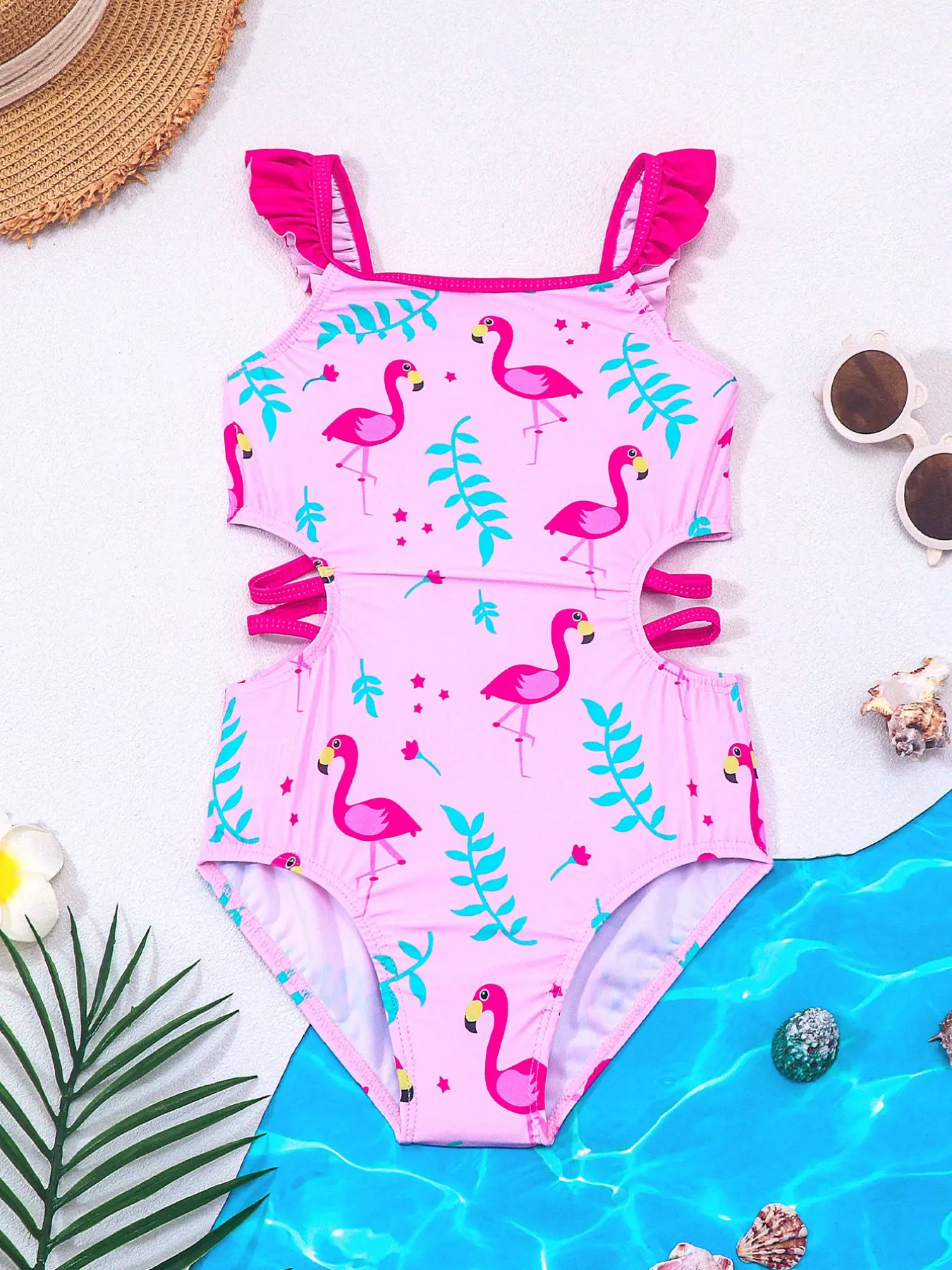 Girls' One-Piece Side Cut-Out Swimsuit, Strapless Cartoon Flamingo Print Vacation Swimwear, Summer Swimwear, Comfortable Fashion Bathing Suit, Perfect Beach & Swimwear, Swimsuits Swimwear
