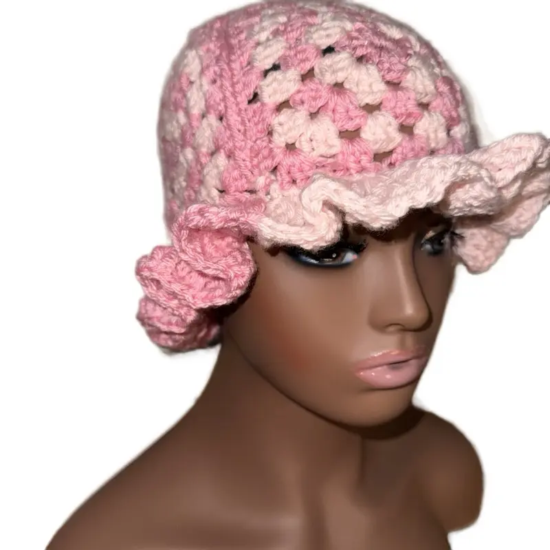 Strawberry Ruffle Delight Crochet Hat - Pink and light Pink Colorway with Ruffled Design